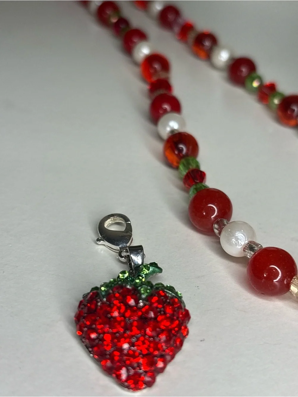 Chico’s Crystal Rhinestone Strawberry Beaded Statement Necklace Red White Green